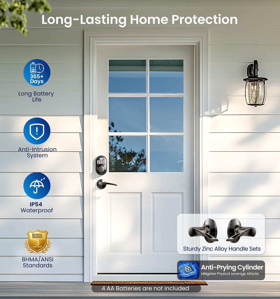 RZ-C Keyless Entry Door Lock with 2 Lever Handles, Matte Black
