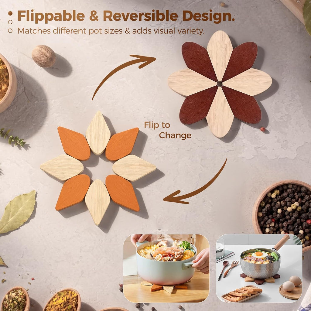Wooden Trivets for Hot Dishes with Stand, 5-Piece Housewarming Gift Orange