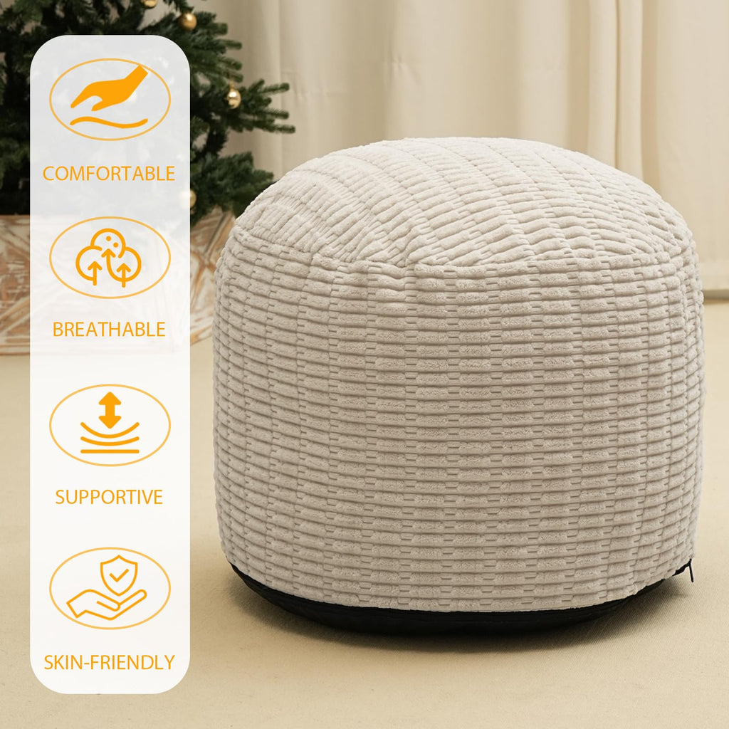 Round Stuffed Pouf Ottoman for Foot Rest 20" X 15" Faux Fur Poufs, Beige