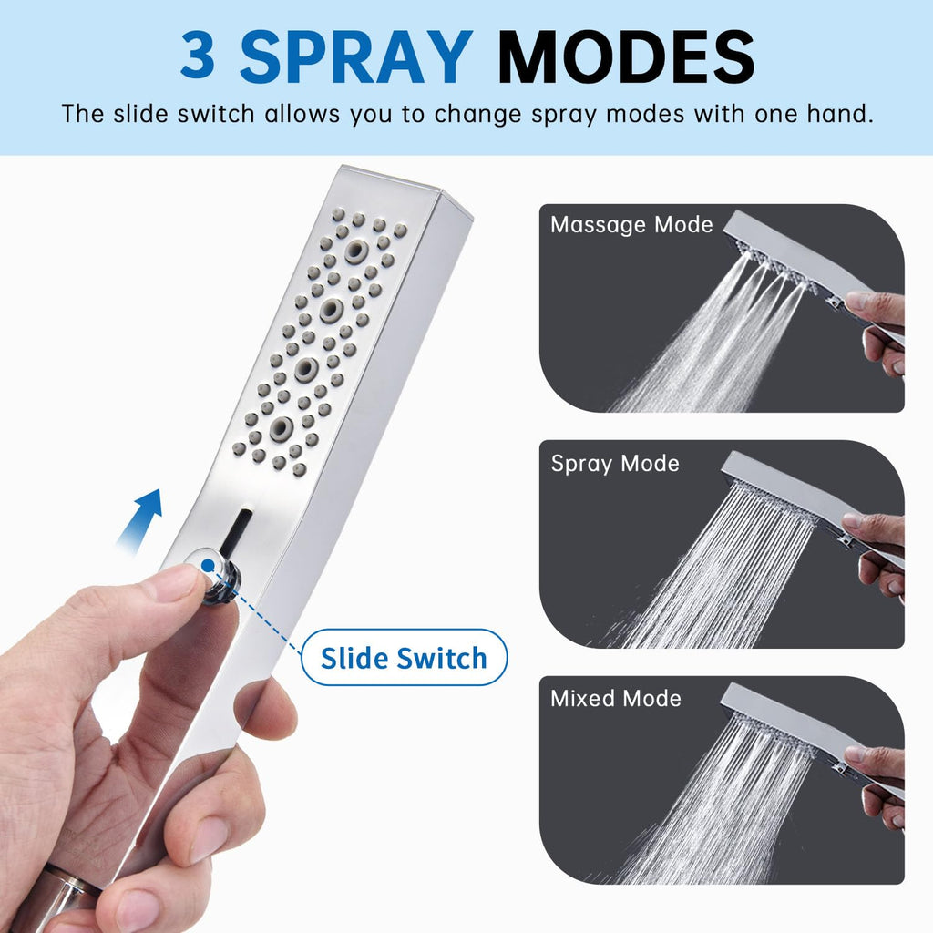 All Metal Square 3 Function Handheld Shower Head(Chrome)