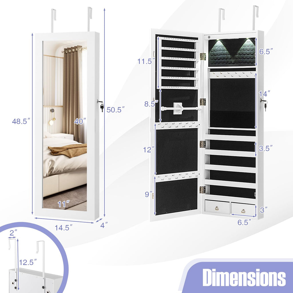 Mirror Jewelry Cabinet, Wall Door Mounted Jewelry Armoire with Full Length Mirror, Internal LED Lights & Drawers