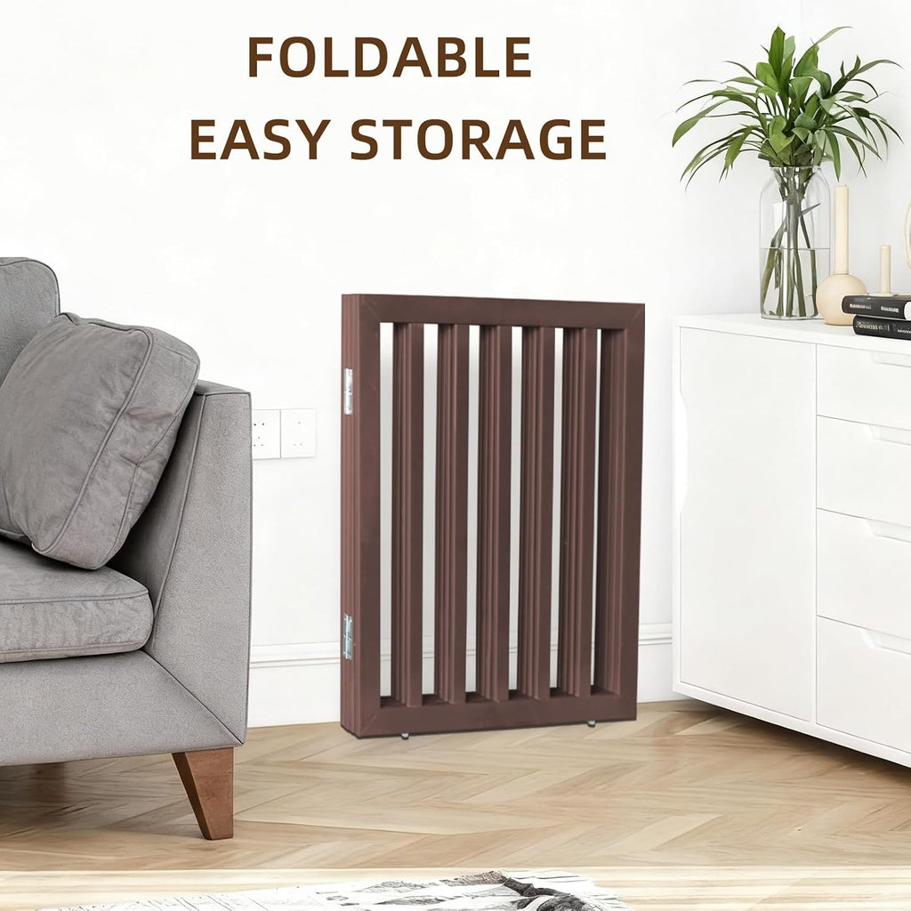 Freestanding Indoor Dog Gate Foldable Wood Brown Puppy Gate for Doorways Pet Gate for Stairs Extra Wide Pet Fence 24"