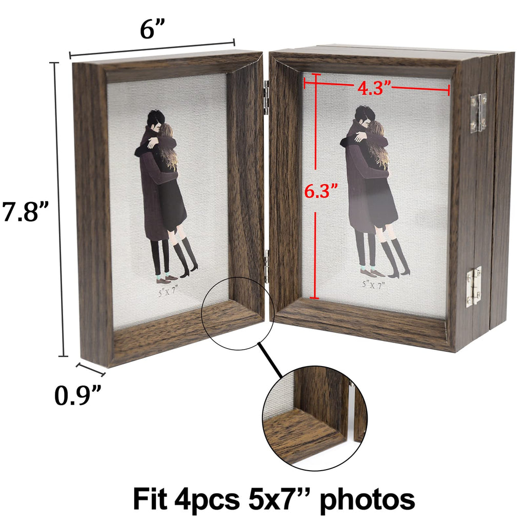 5x7 Hinged Picture Frames Beveled Wood Brown with Real Glass 4 Vertical Opening Family Lover Gift