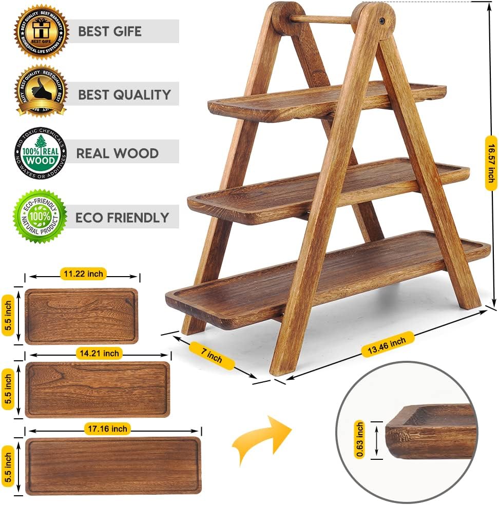 Extra Large Wood 3 Tier Serving Tray Three Tiered Cupcake Stand, Rectangle Serving Platter Wooden Farmhouse Tiered