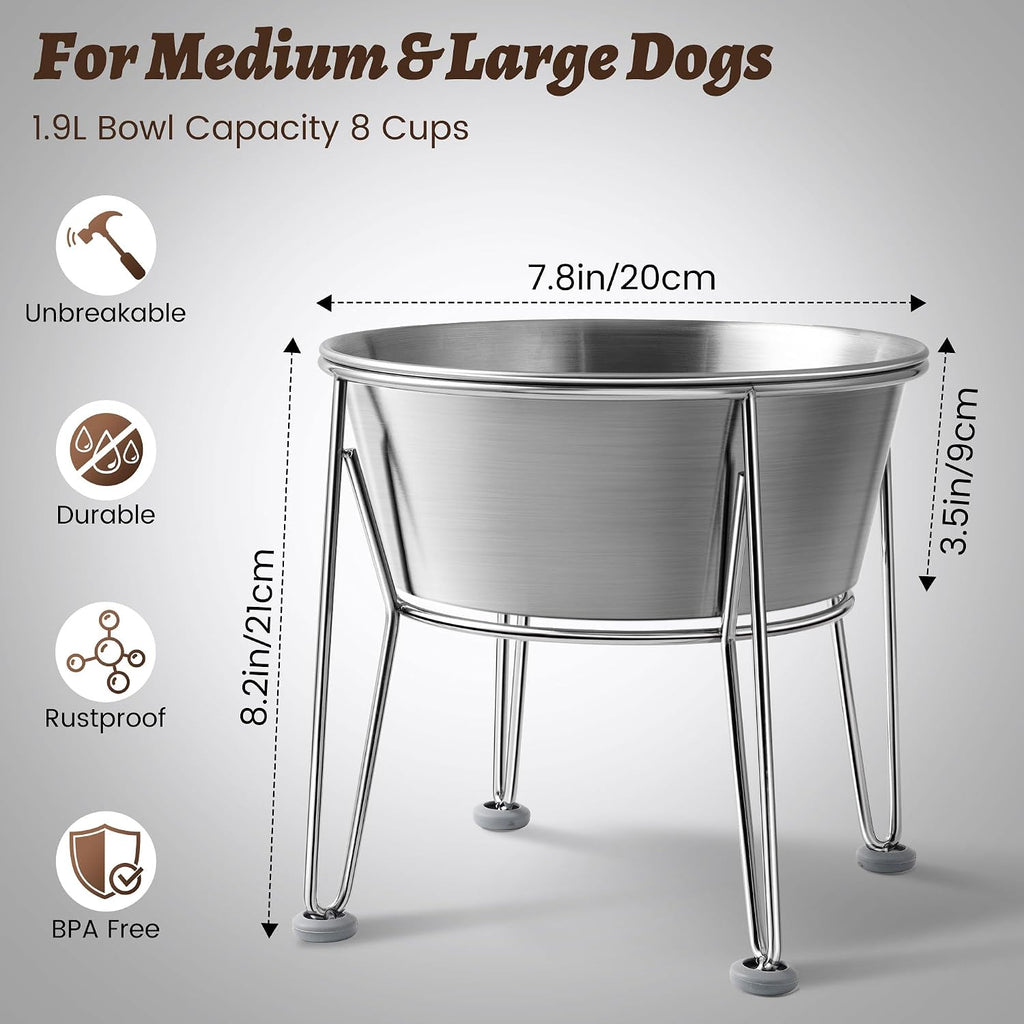 Elevated Dog Bowls for Large & Medium Dogs - Stainless Steel 64oz/8 Cup Raised Feeder with Non-Slip Base, Dual Food &