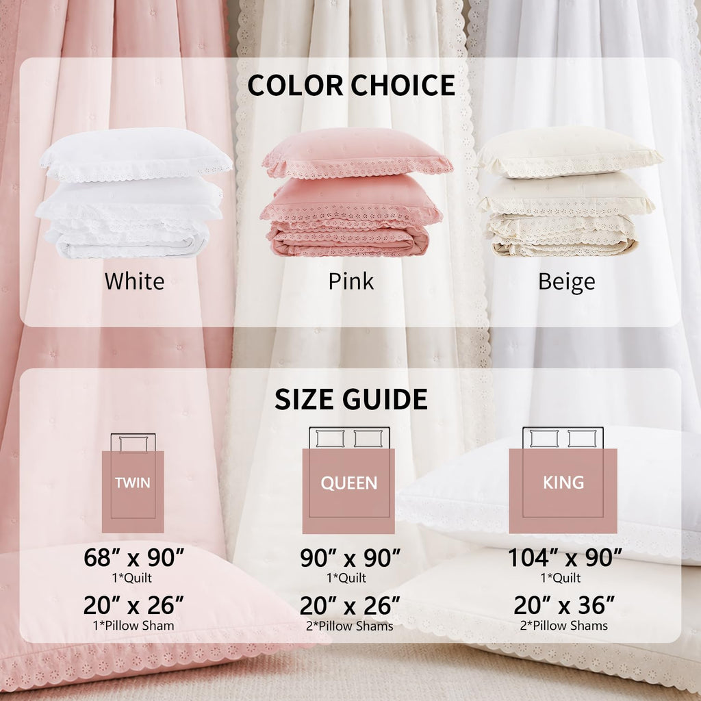 Pink Ruffle Quilt Set 68x90, Soft Lace Trim Bedding