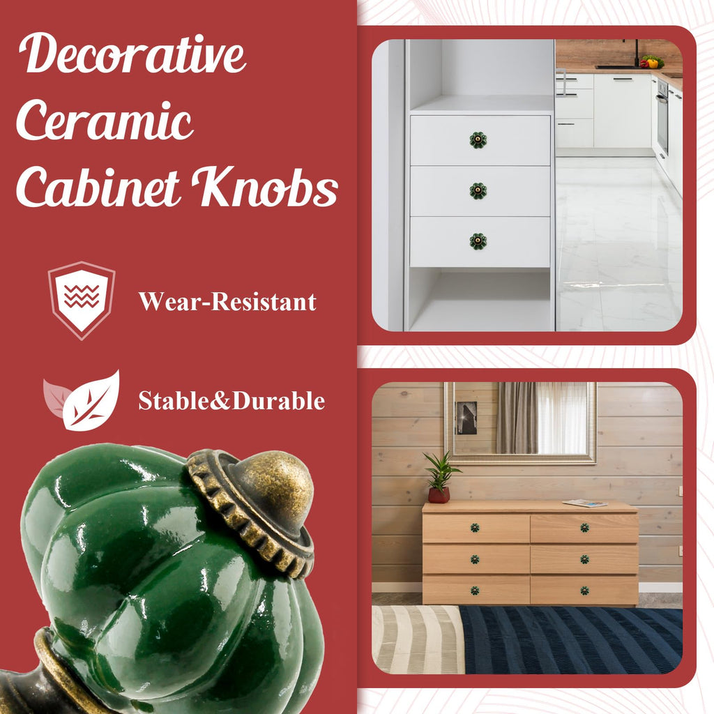 8pcs Dark Green Ceramic Pumpkin Knobs, Vintage Dresser Knobs