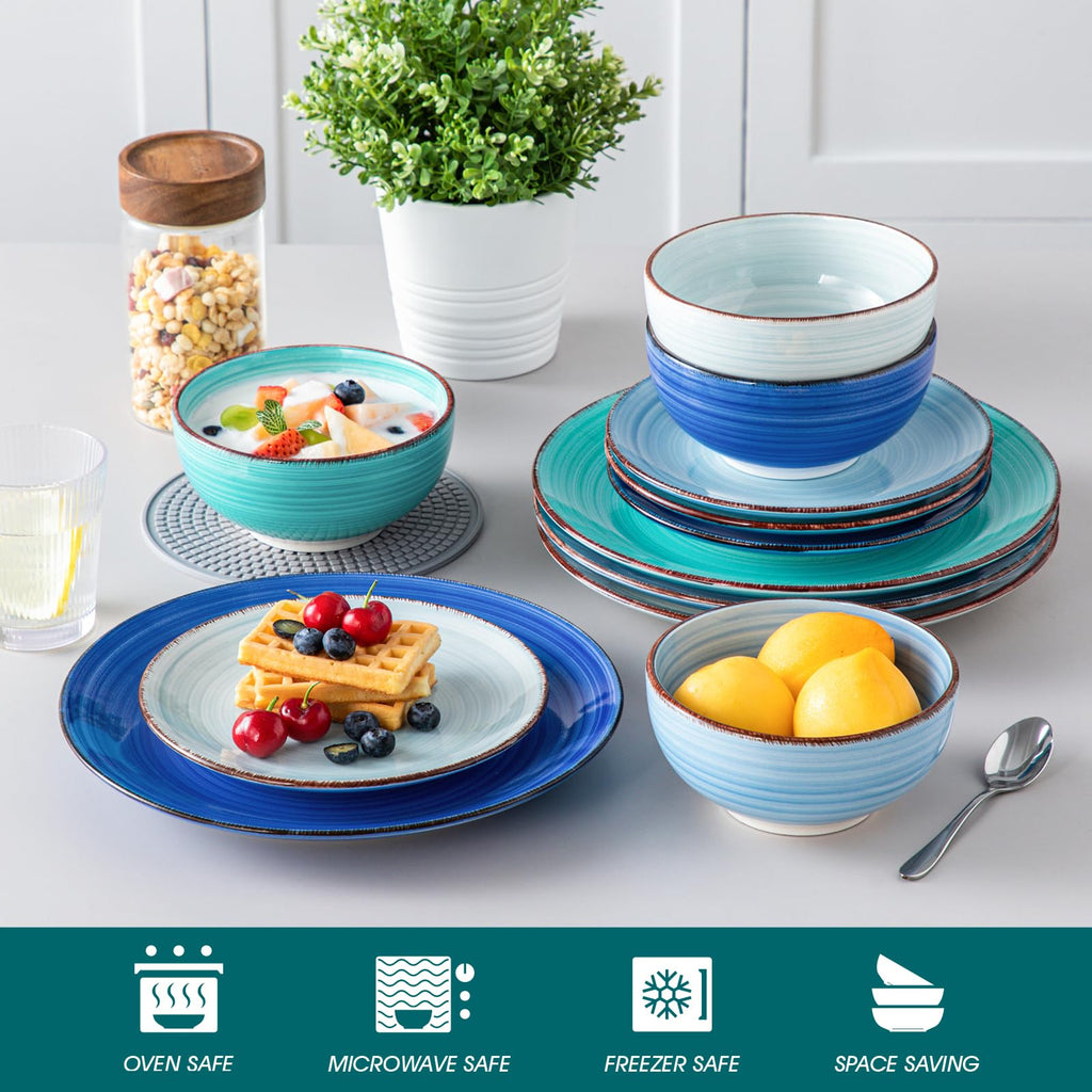 Bonita Dinnerware Sets 12 Pieces for 4, Ceramic Dishes Set Blue