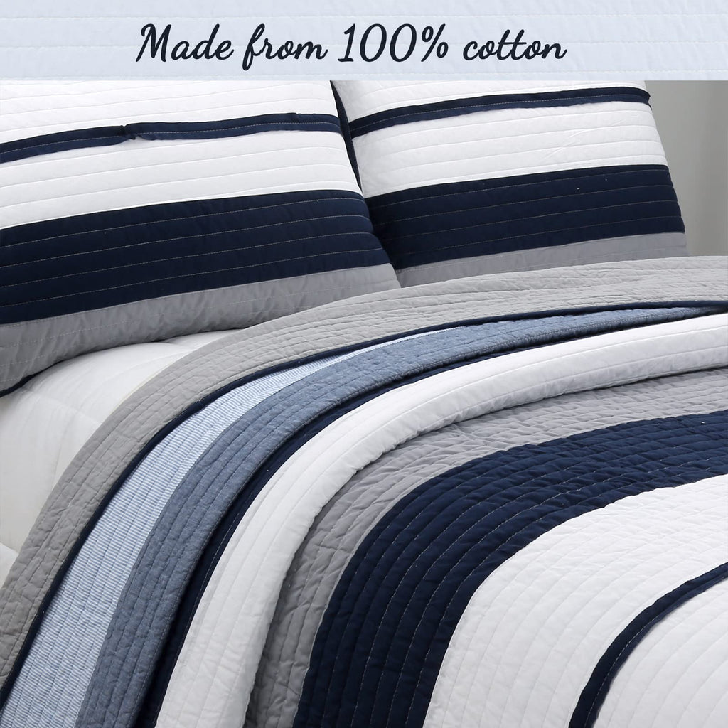Tranquil Blue Gray Striped 100% Cotton Quilt Bedding Set, Reversible Coverlet, Bedspread (Rendon - 2 Piece)