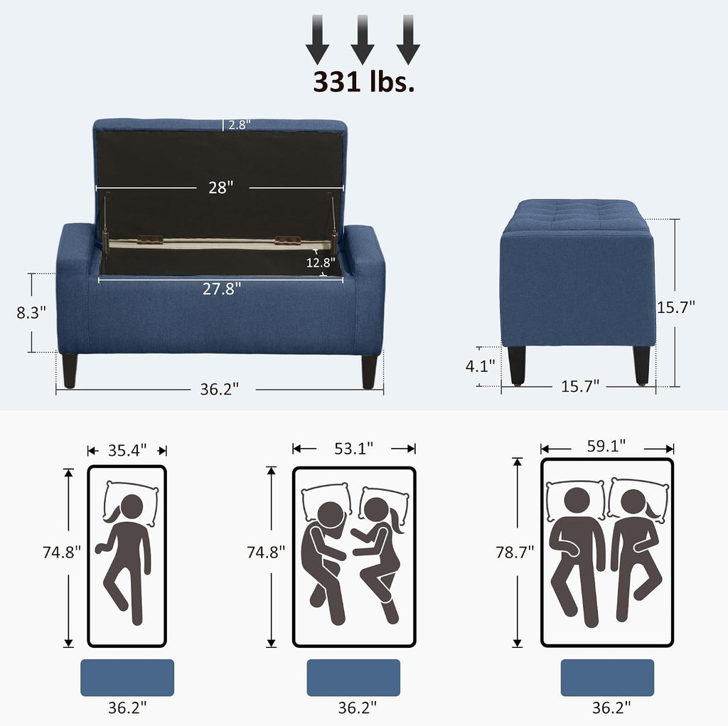 36" Ottoman with Storage, Lift Top Rubberwood Legs 330 lb Dark Blue | Storage Ottoman Bench, Linen Upholstered