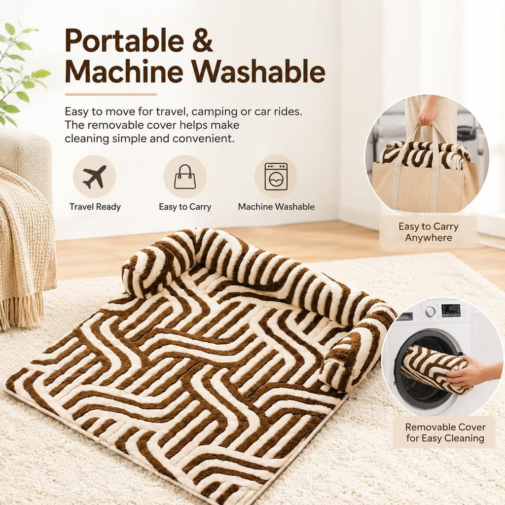 Calming Dog Bed Mats, Couch Bed Mat, Soft Flannel 3-Sided Bolster Pet Sofa Bed Supports Head & Neck, Brown Zebra