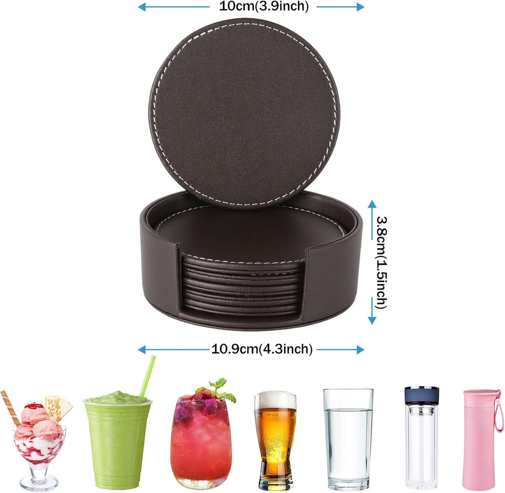 Round Leather Coasters for Drinks with Holder, 4" (Brown) - Set of 6