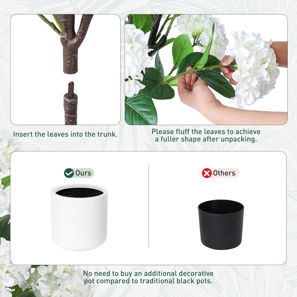 6 FT Artificial Hydrangea Tree- Large Faux Hydrangea Plants Indoor Outdoor, Fake Flower Trees with White Tall Planter