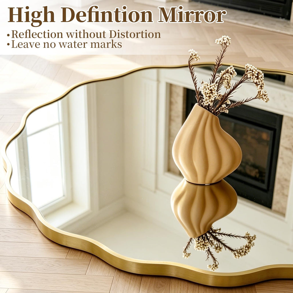 28" Wavy Round Wall Mirror, Gold Scalloped Circle Mirror Edge Round with Metal Frame, Modern Decorative