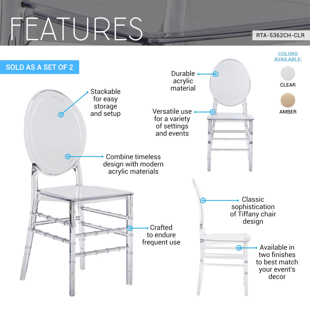 Ballroom Ghost Chairs, Stackable Acrylic, Modern, Set of 2, Clear