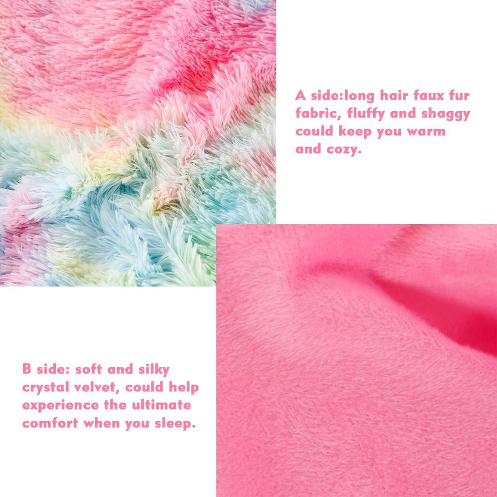 Pink Plush Shaggy Bedding Sets Full 3 Piece Fluffy Faux Fur Girls Comforter Set Soft Tie Dye Velvet Furry Rainbow