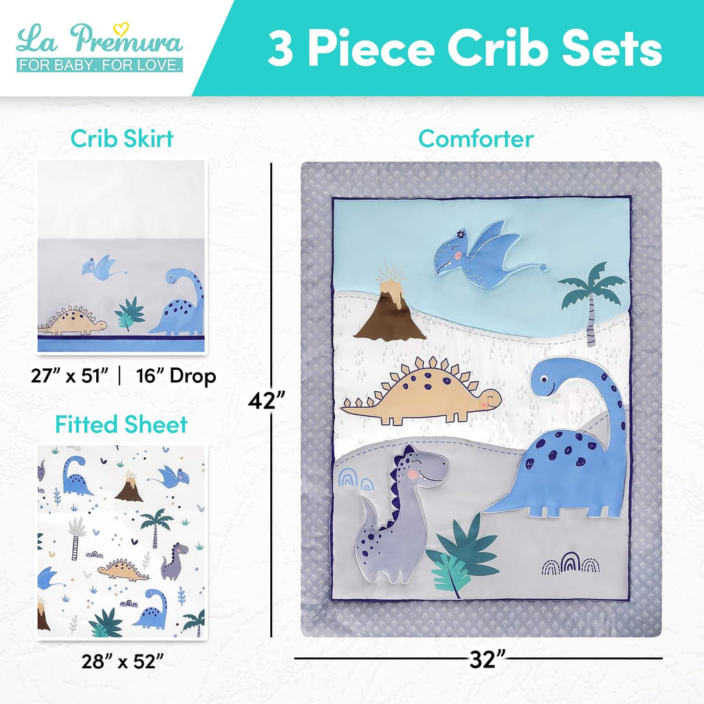 Baby Crib Bedding Set for Boys - Dinosaur 3 Piece Standard Size Nursery Crib Comforter Set, Grey/Blue - Unisex Baby