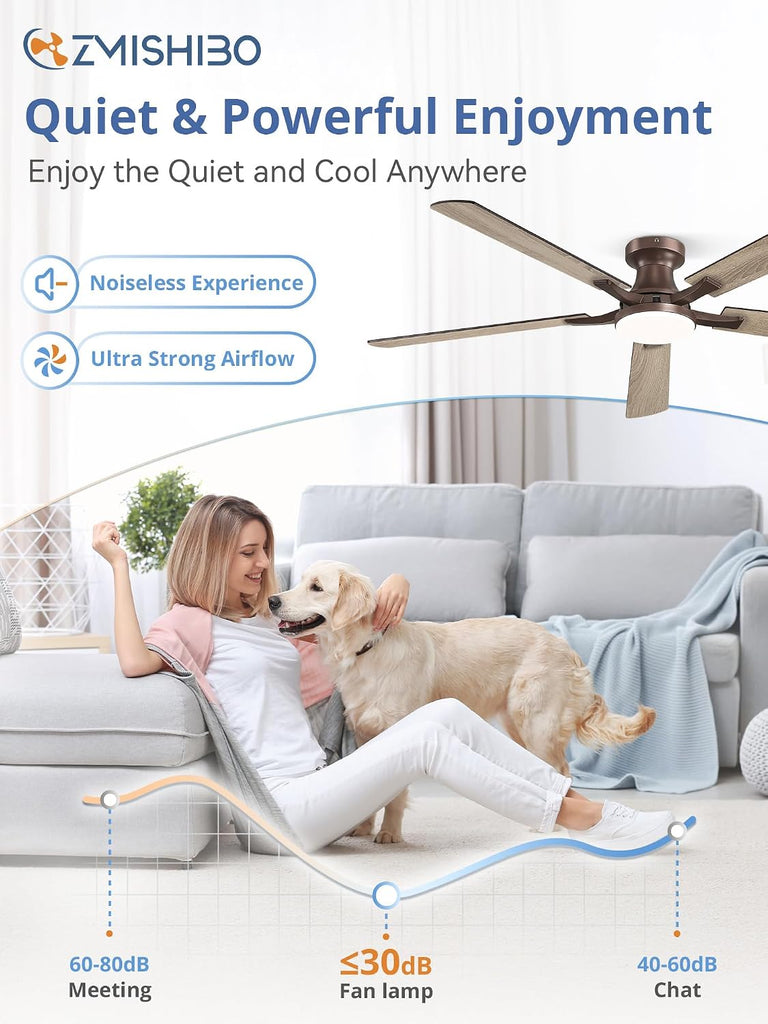 60 Inch Ceiling Fan with Light, App&Remote Control, Flush Mount Low Profile, Dimmable 20W LED Light, Quiet Reversible Motor for Bedroom, Living Room, Apartment, Brown A101-B0F8B67B1W