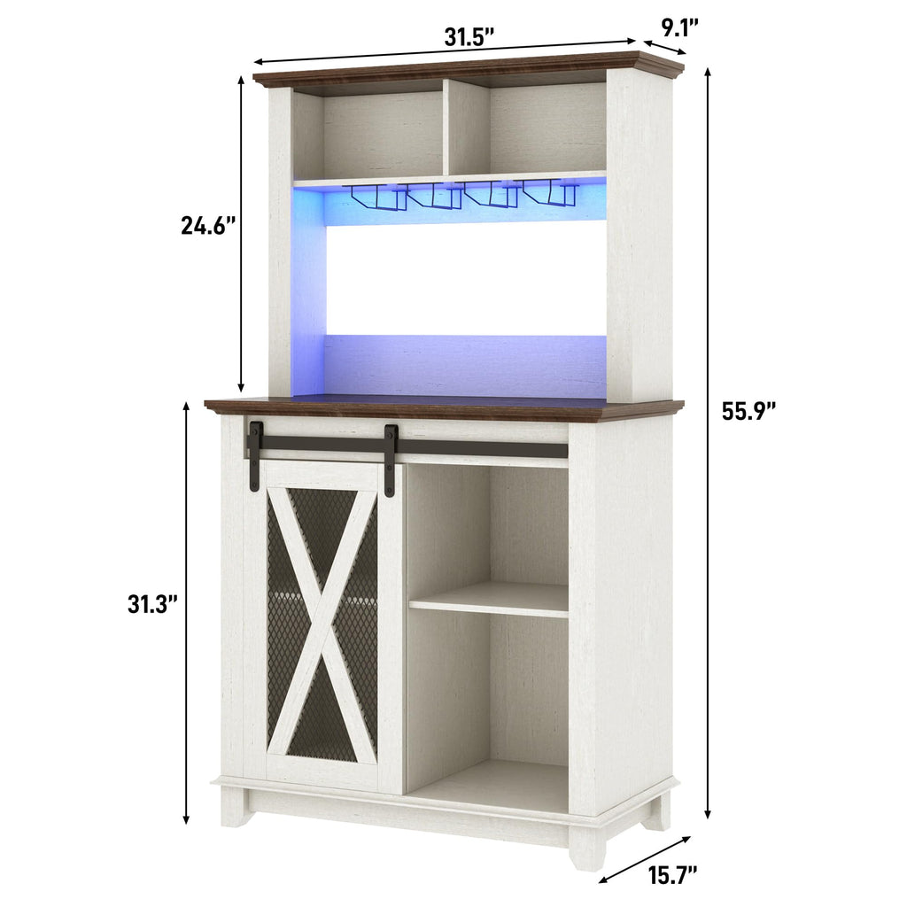 31.5"Wide Farmhouse Coffee Bar Cabinet with LED Light, Wine Bar Cabinet w/2 Storage Hutch, Kitchen Buffet Cabinet