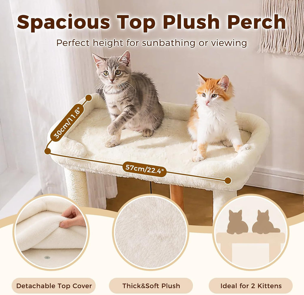 Modern Cat Tree Removable Woven Bed, Wood Cat Tower for Indoor Cat