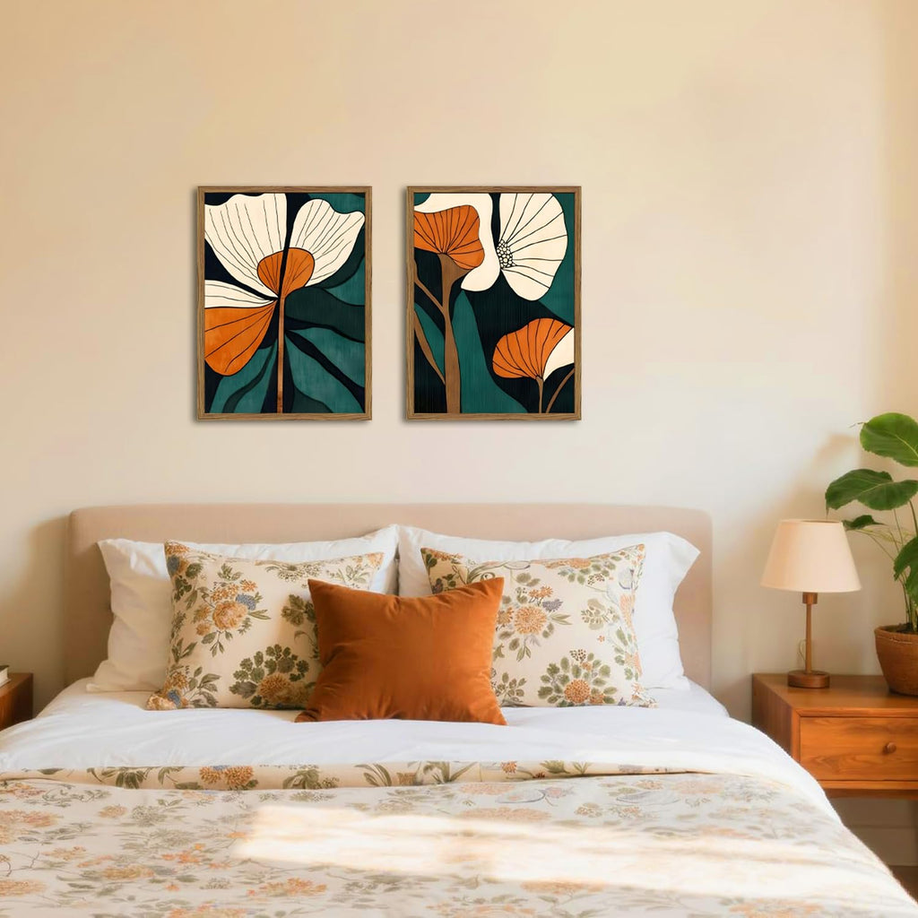 Mid Century Modern Flower Wall Art Vintage Abstract Botanical Wall Decor Painting Set of 2 Mid Century Boho Dark