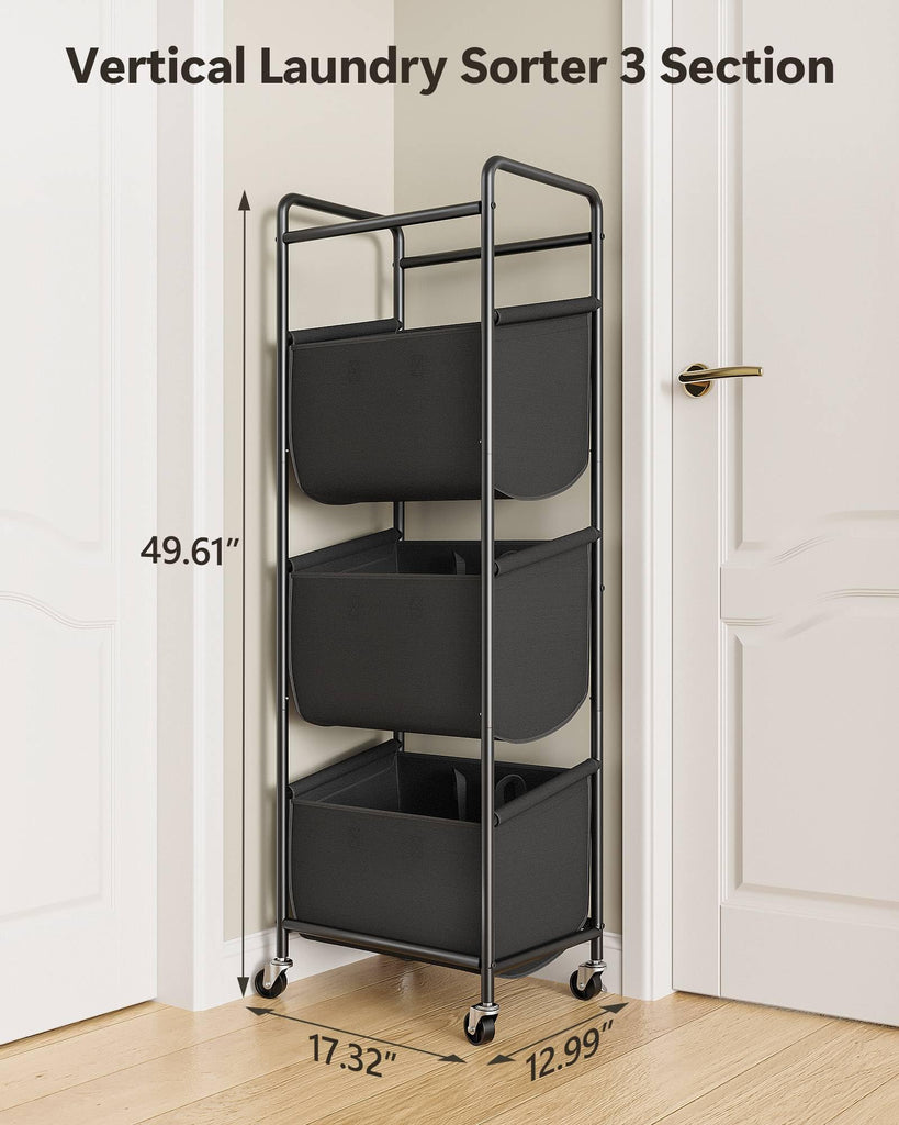 3 Section Laundry Sorter with Removable Bags, 120L Rolling Vertical Laundry Hamper, Stackable Laundry Baskets