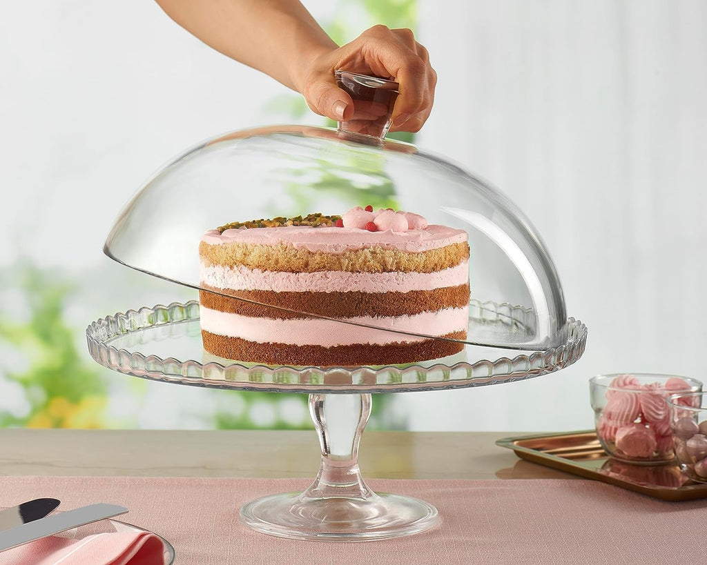 Cake Stand with Dome Lid, Glass Desert Serving Plate and Cover, Footed Pastry Display Server, 12.60 inch Wide Glass