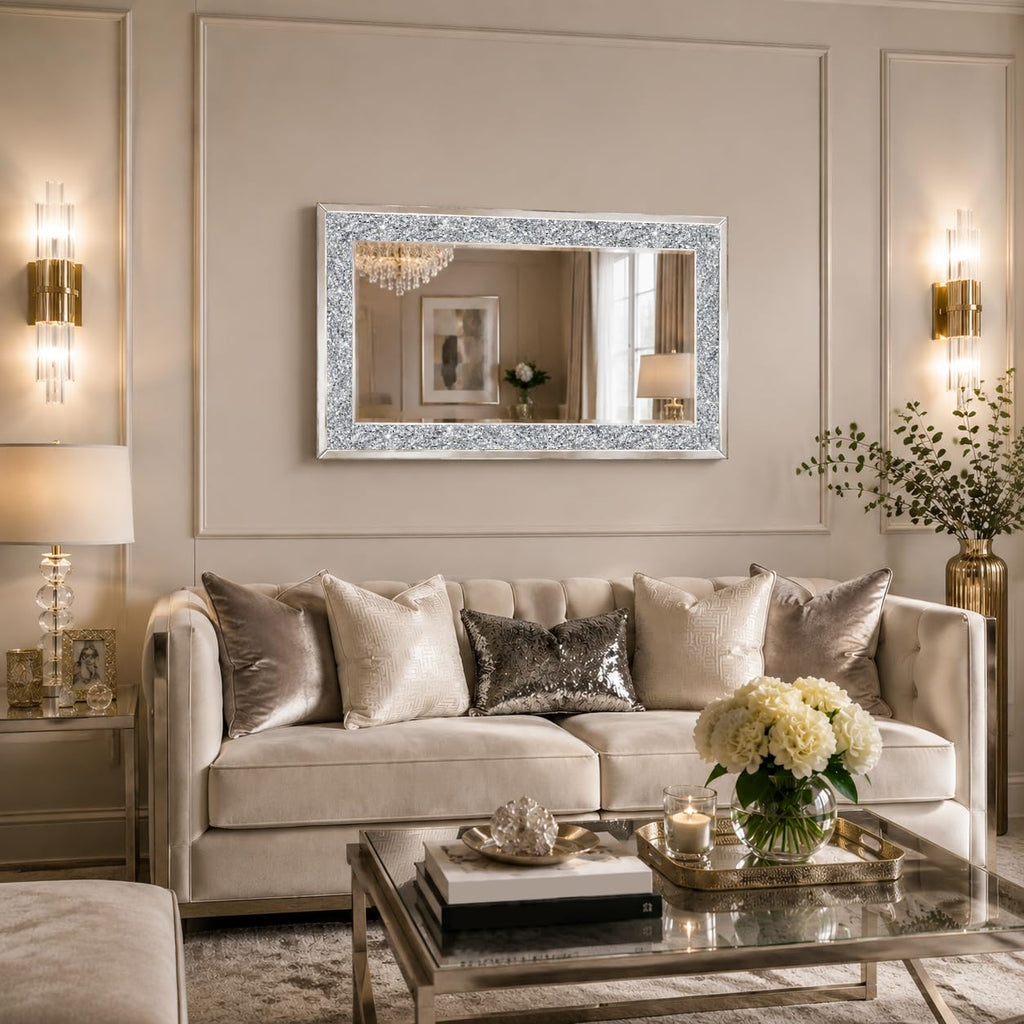 Crushed Diamond Mirrors for Wall Decor, 35.4x23.6 Decorative Mirror Rectangle Hanging Mirrors Large Crystal
