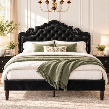 Queen Bed Frame with Adjustable Headboard/Velvet Upholstered/Diamond Button Tufted and Metal Studs/No Box Spring