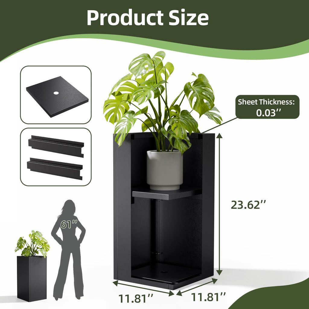 24" Tall Metal Planters Box for Outdoor Plants, 60cm H Square Black