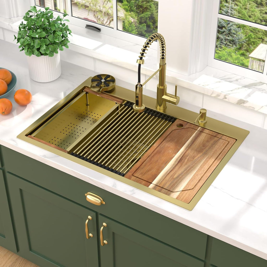 30x22 Gold Drop Sink with Faucet, Workstation 16 Gauge T-304 Stainless Steel Single Bowl Topmount Kitchen Sinks with