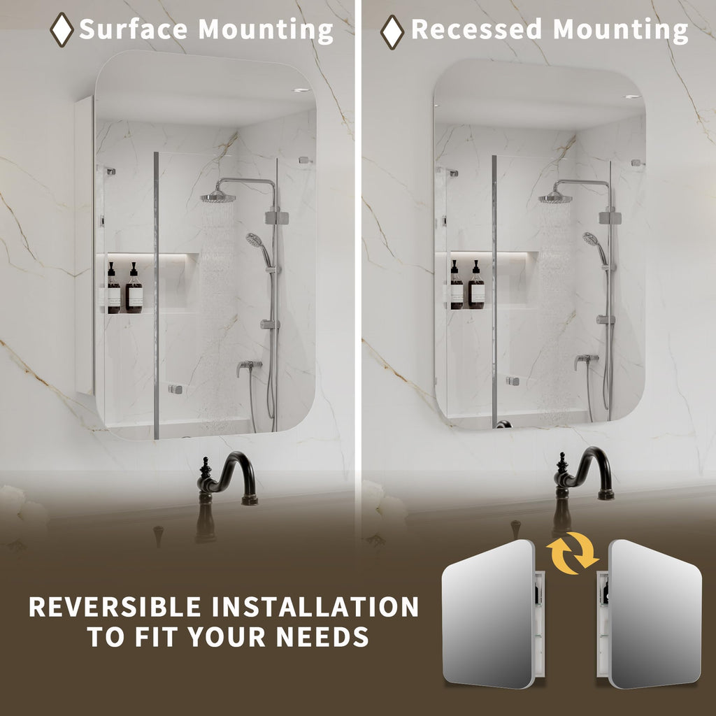 20 x 31 Inch Bathroom Medicine Cabinet with Mirror, Rounded Corner, Surface/Recessed, Aluminum Frame with Mirrored