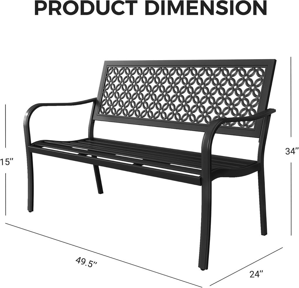 50" Outdoor Bench, Garden Bench with Armrests, Black | Anti-Rust Metal Powder Coated Frame, Patio Bench for Front