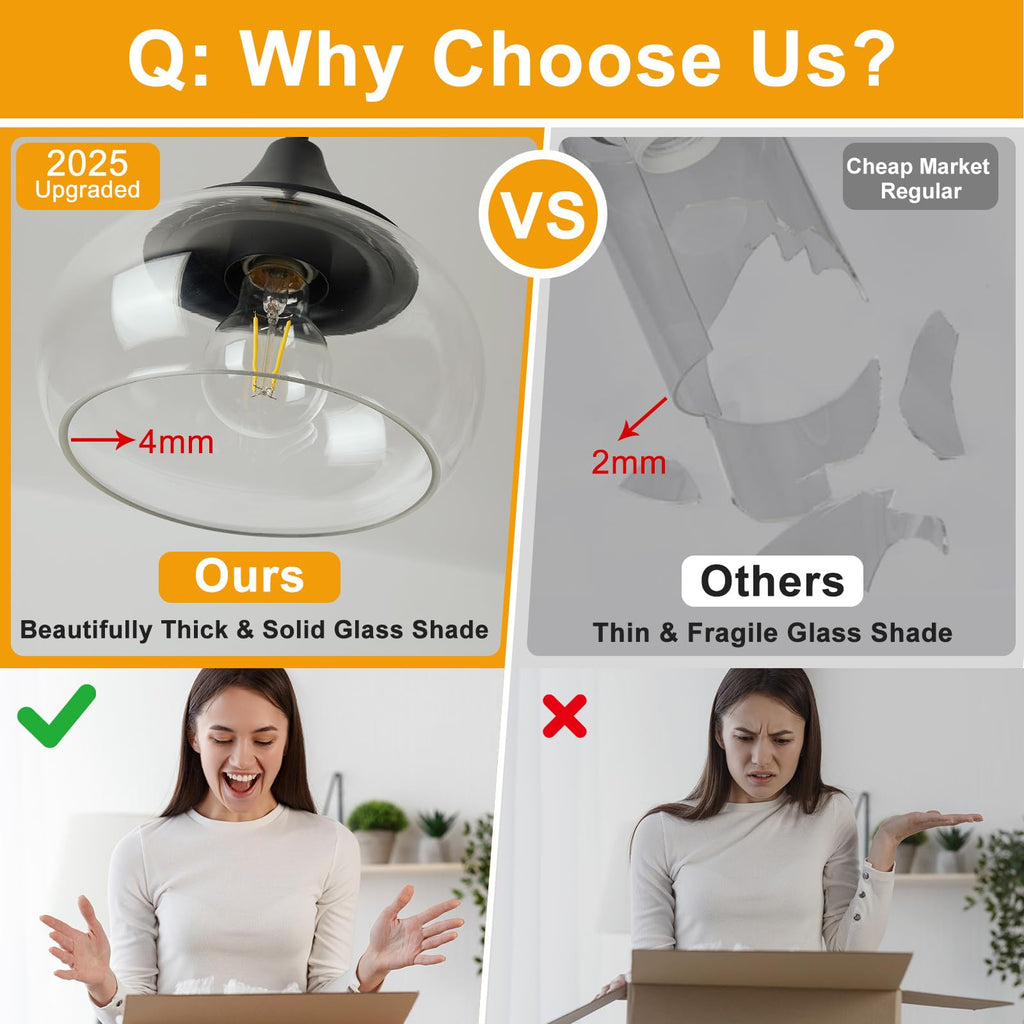 2 Pack Pendant Lights Kitchen Island, Modern Black Pendant Light Fixtures with 8.5" Clear Glass Shade, Industrial