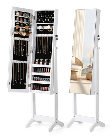 Freestanding Jewelry Cabinet, Full Length Mirror, Moon White