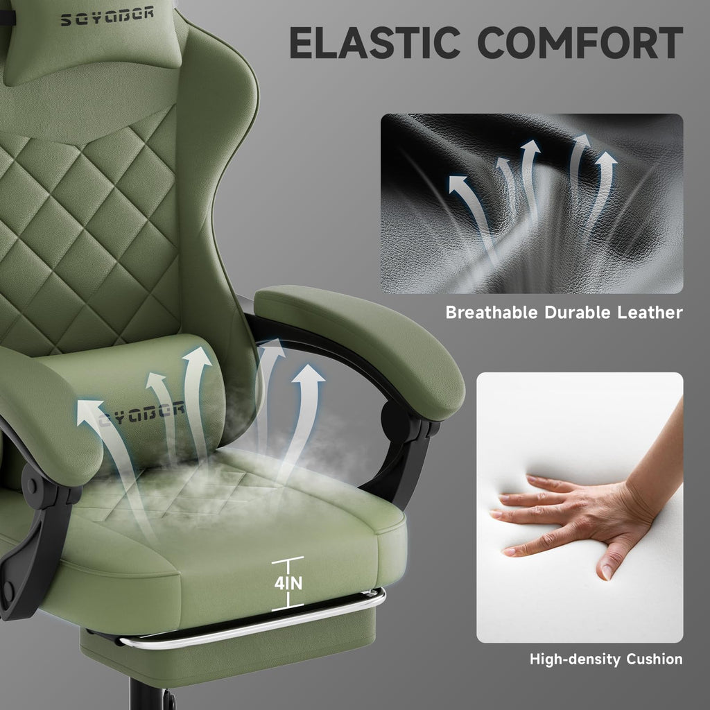 Gaming Chair with Footrest, Ergonomic Leather Computer Chair with Lumbar Support, Height Adjustable High Back Swivel