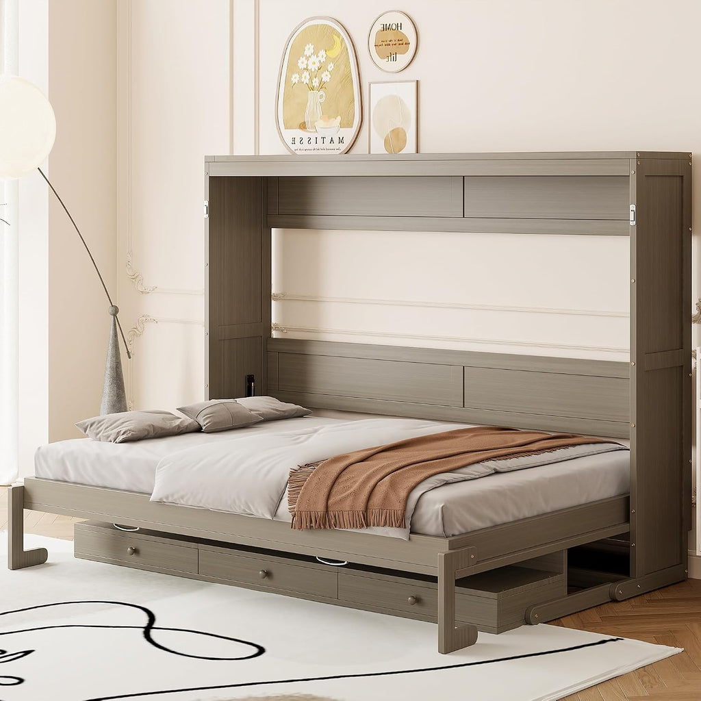 Queen Horizontal Murphy Bed with Desk and Storage Drawers & Mirror, Wood Farmhouse Folding Murphy Bed Cabinet with