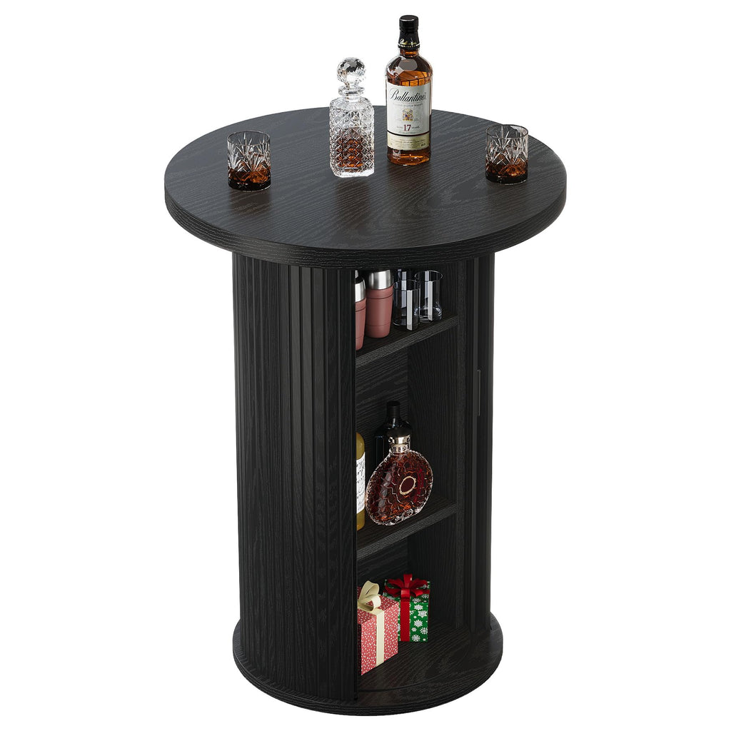 Round Bar Table, 35.4" Rustic Cocktail Table with 3-Tier Hidden Storage Shelves, High Top Bistro Pub Table with Slide