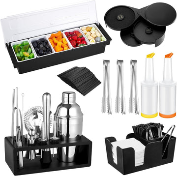 Bartender Supplies Kit Garnish Tray for Bartenders with Bar Caddy 3 Tier Salt Rimmer Cocktail Shaker - Set of 23