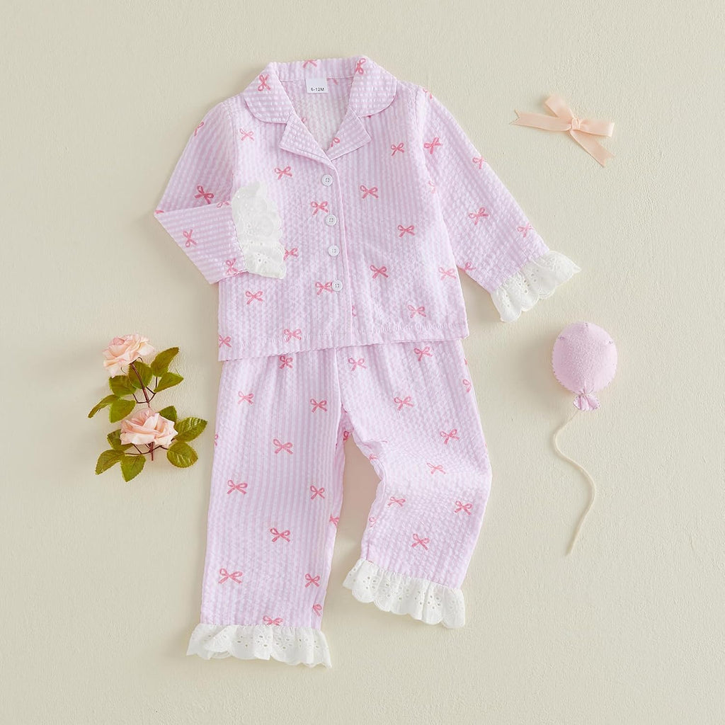 Baby Girl Pajamas Set Bow Long Sleeve Button Down Shirt Top Pants Kids Toddler Two Piece Pjs Set Sleepwear Fall Winter