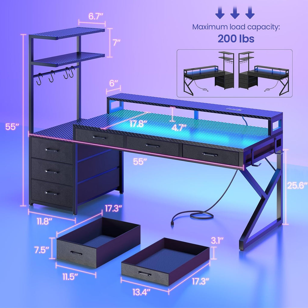 55" Gaming Desk with 6 Drawers and Hutch, Reversible, LED Lights | PC Desk with LED Lights,Power Outlet,Corner
