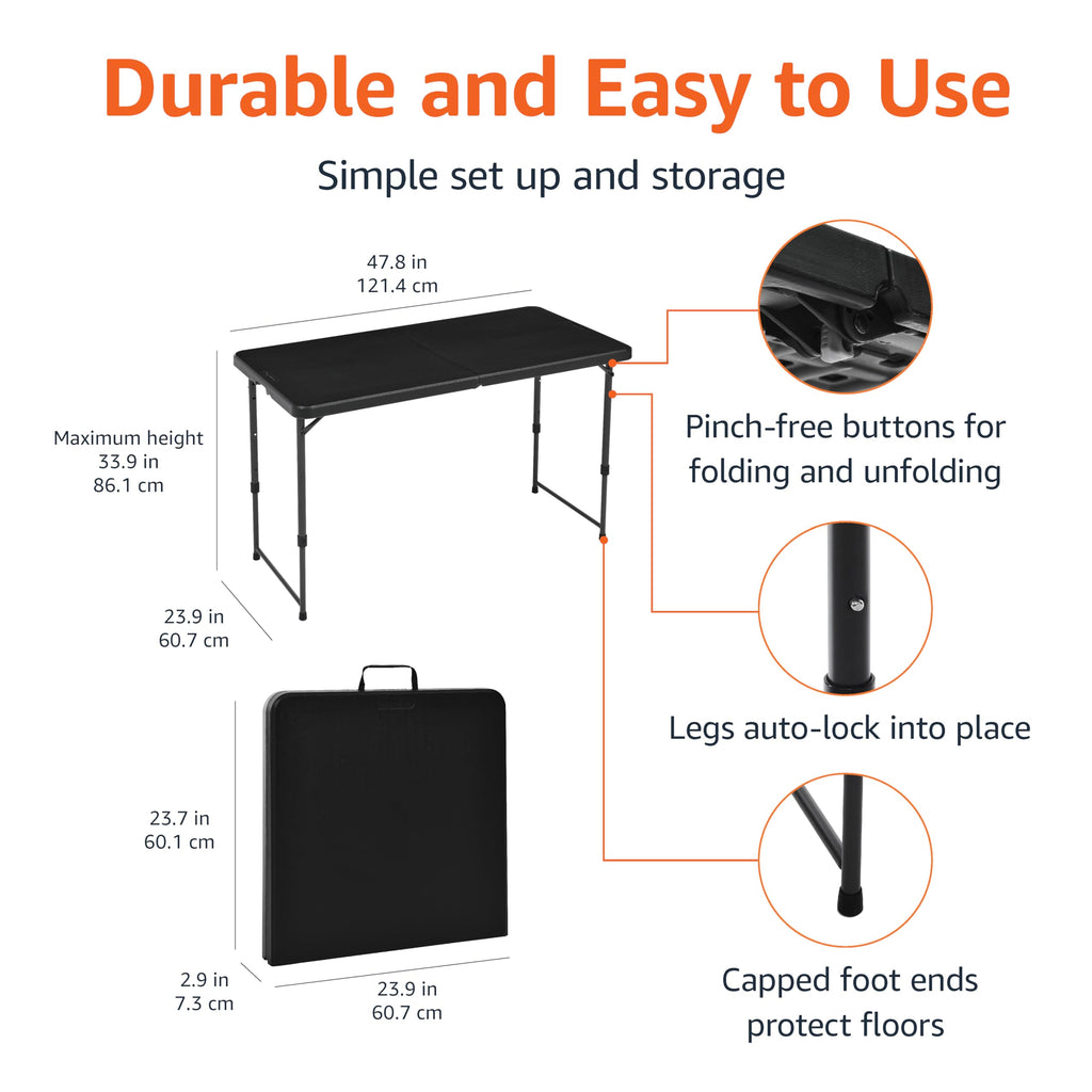 Portable 4 Ft Rectangular Folding Dining Table, 4 Adjustable Height Settings, Space Saving Fold-in-Half Design and