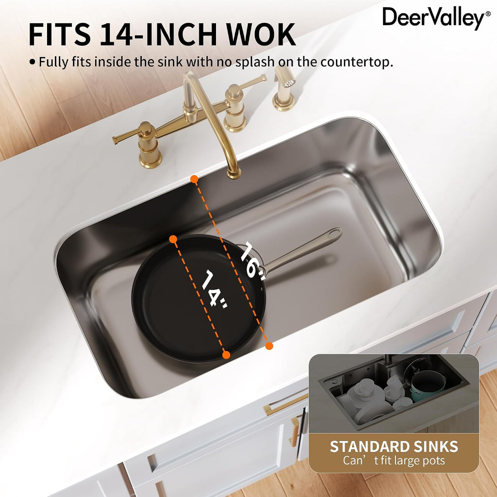 32 Inch Undermount Kitchen Sink 18 Gauge Stainless Steel Kitchen Sink Spacious Single Bowl Sinks with Basket Strainer