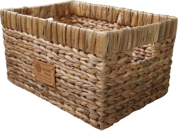 Handmade Water Hyacinth Wicker Storage Basket with Handles - Rectangle Organizer Bin for Shelves, Blanket, Bathroom