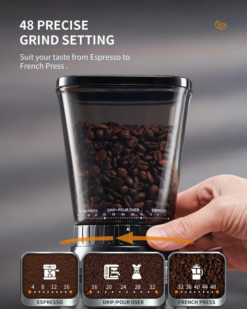Professional Conical Burr Coffee Grinder, Coffee Bean Grinder with 48 Grind Settings for Espresso, Drip & French