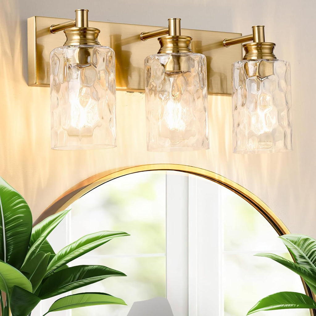 3 Light Bathroom Vanity Light Modern Brushed Gold Bathroom Light Fixtures Over Mirror with Hammered Glass Lampshade