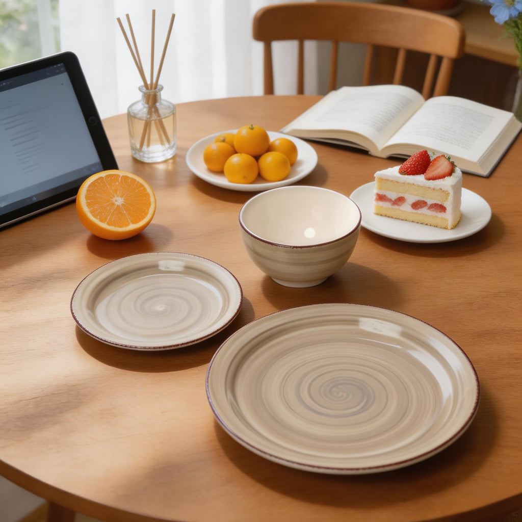 Stoneware Dinnerware Set, 12 Piece Service for 4, Plates and Bowls with 10.5" Dinner Plates, 8" Salad Plates, 5.5"