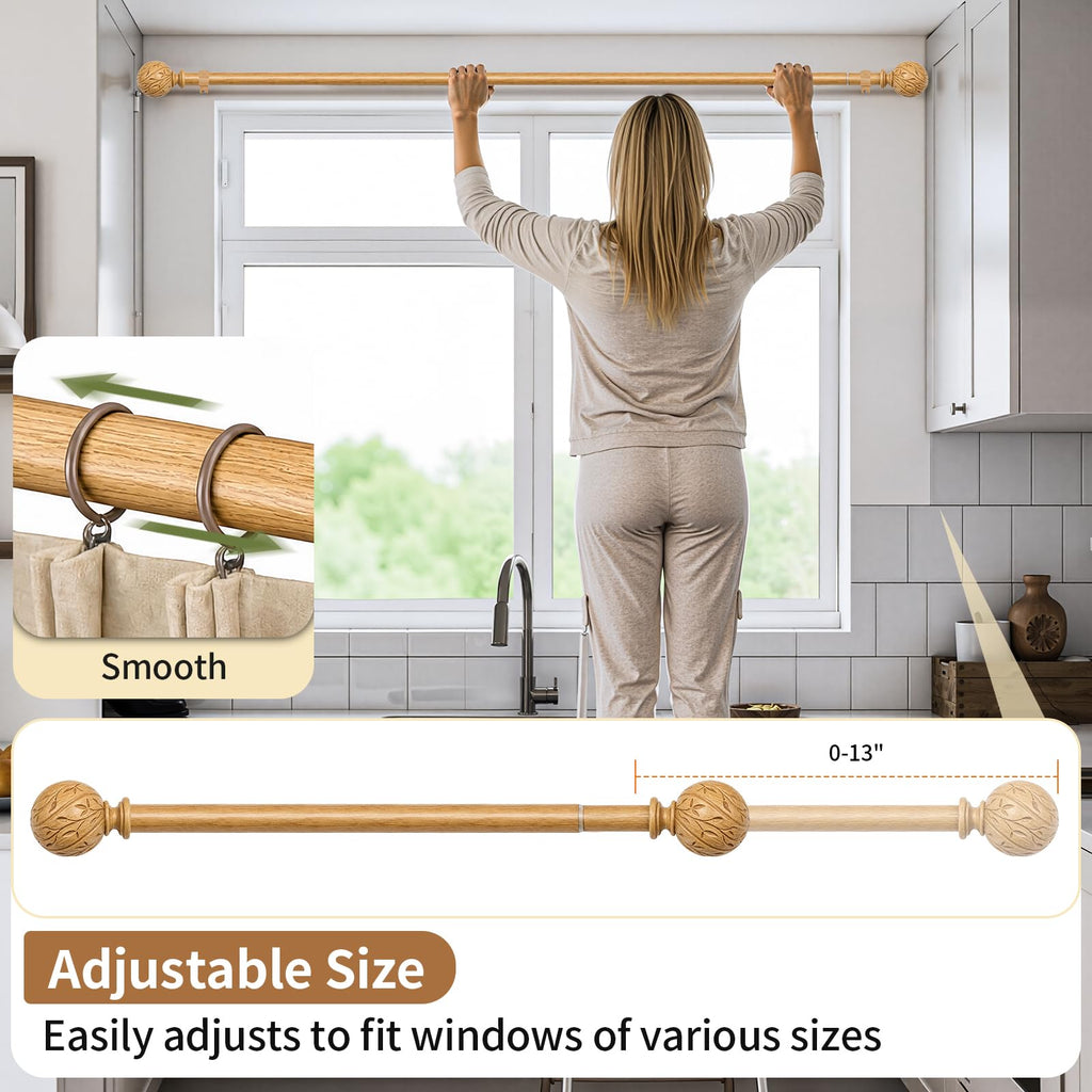 Wood Curtain Rods for Windows 36-120", Adjustable Long Boho Drapery Rods