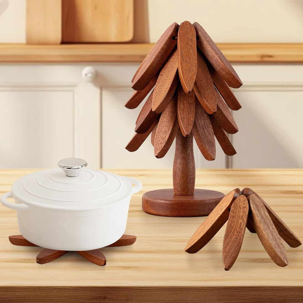 Wooden Trivets for Hot Dishes, Hot Dish Coaster with Tree-Shaped Wood Collapsible Hot Pad Trivet Tree for Restaurant - Set of 4