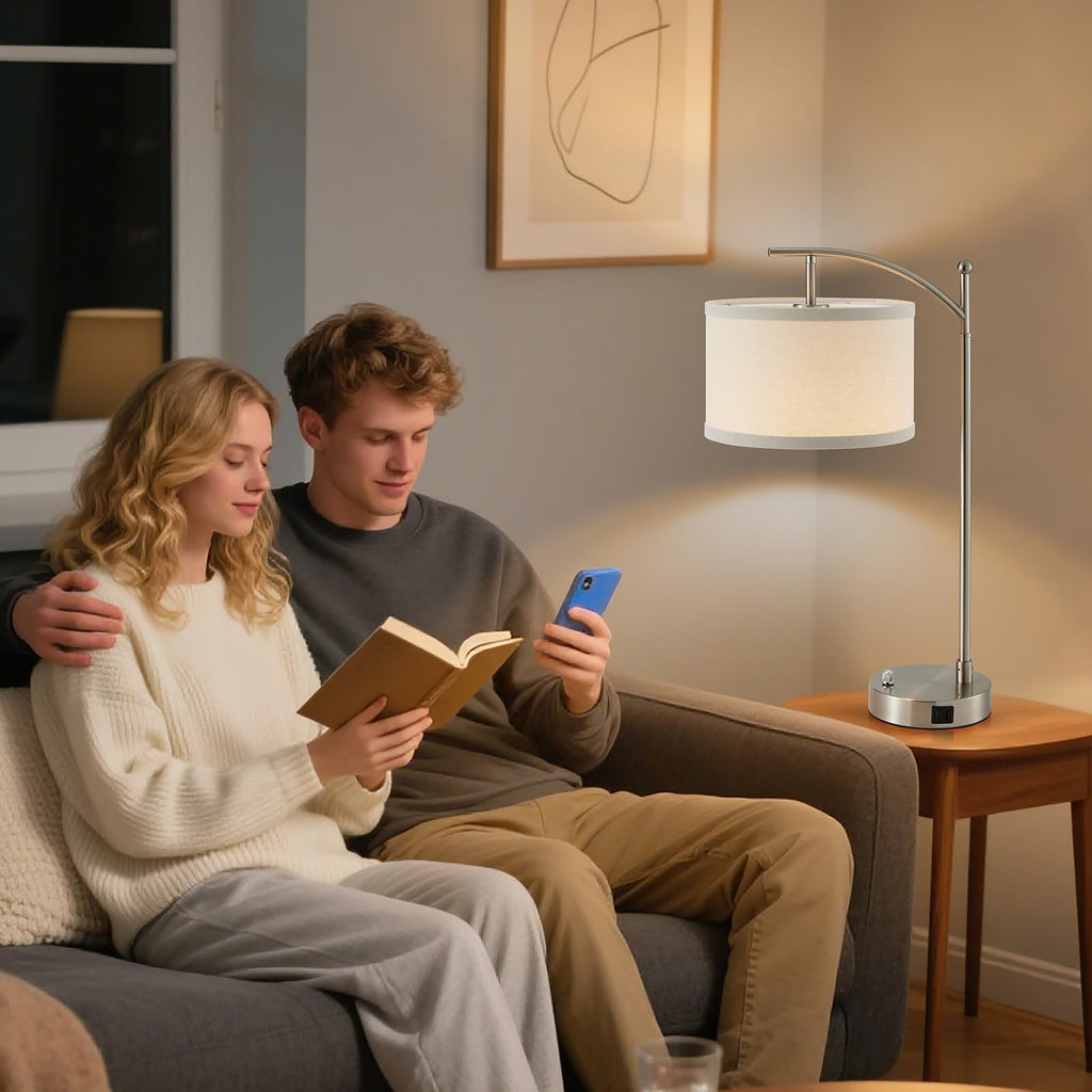 Table Lamp Set of 2, 23.5" Bedside Lamps with USB C+A Ports, Silver
